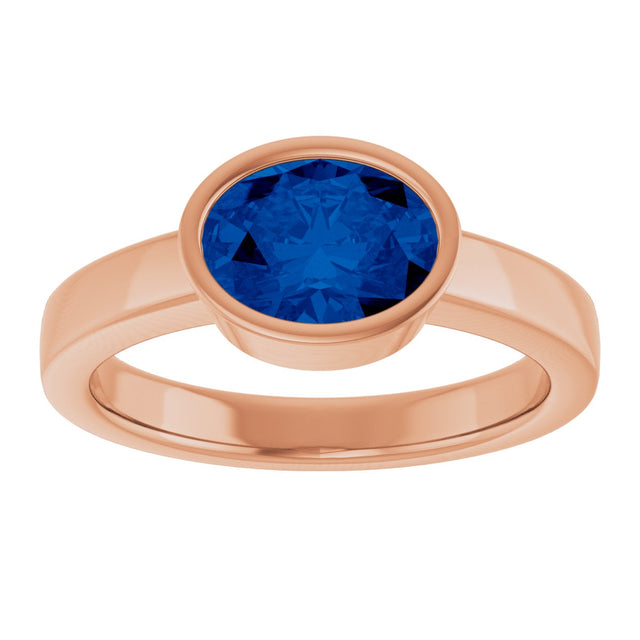 14K Gold Oval Lab-Grown Blue Sapphire Bezel-Set Solitaire Ring – 8x6mm - Rose Gold - view 3