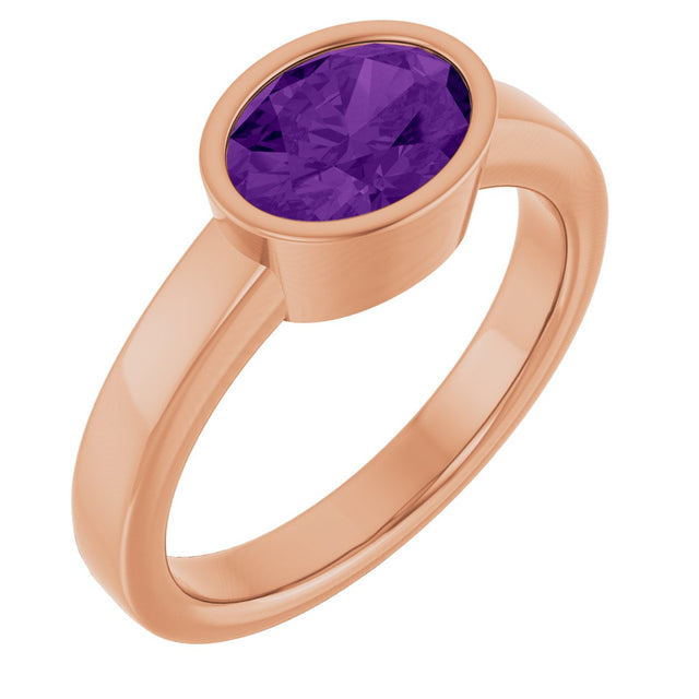 14K Gold Oval Natural Amethyst Bezel-Set Solitaire Ring – 8x6mm - Rose Gold