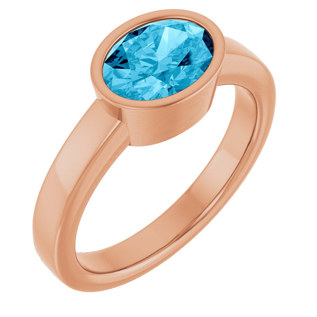14K Gold Oval Natural Aquamarine Bezel-Set Solitaire Ring – 8x6mm - Rose Gold