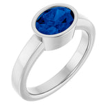 14K Gold Oval Lab-Grown Blue Sapphire Bezel-Set Solitaire Ring – 8x6mm - White Gold