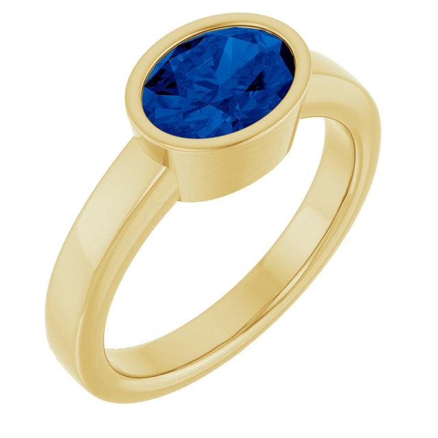 14K Gold Oval Lab-Grown Blue Sapphire Bezel-Set Solitaire Ring – 8x6mm - Yellow Gold