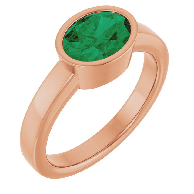 14K Gold Oval Lab-Grown Emerald Bezel-Set Solitaire Ring – 8x6mm - Rose Gold