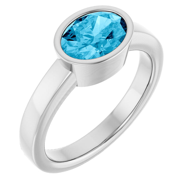 14K Gold Oval Natural Aquamarine Bezel-Set Solitaire Ring – 8x6mm - White Gold