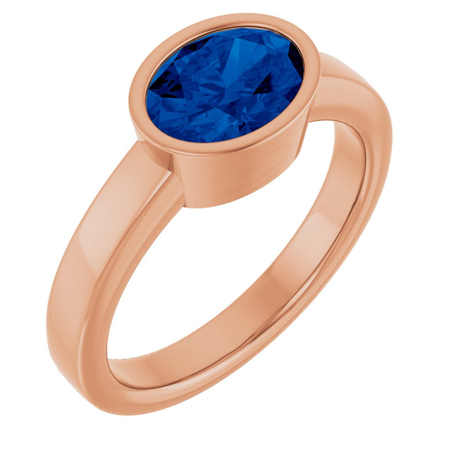 14K Gold Oval Lab-Grown Blue Sapphire Bezel-Set Solitaire Ring – 8x6mm - Rose Gold