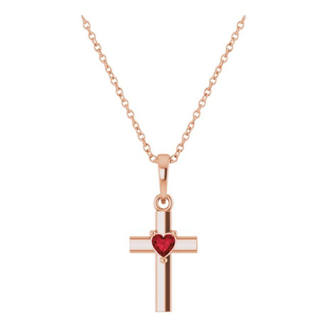 14K Gold Natural Mozambique Garnet Heart Cross Necklace or Pendant - Rose Gold