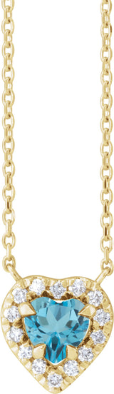 14K Gold Heart Natural London Blue Topaz & Natural Diamond French-Set Solitaire Necklace - Yellow Gold