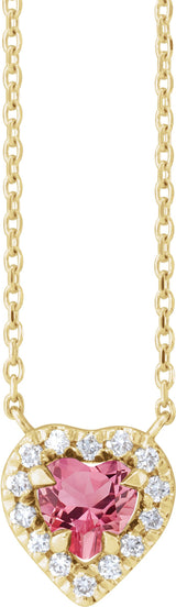 14K Gold Heart Natural Pink Tourmaline & Natural Diamond French-Set Solitaire Necklace - Yellow Gold