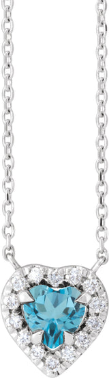 Platinum Heart Natural London Blue Topaz & Natural Diamond French-Set Solitaire Necklace