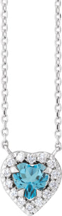 Platinum Heart Natural London Blue Topaz & Natural Diamond French-Set Solitaire Necklace