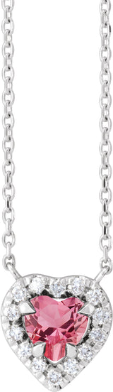 Platinum Heart Natural Pink Tourmaline & Natural Diamond French-Set Solitaire Necklace