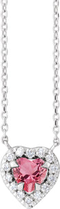 Platinum Heart Natural Pink Tourmaline & Natural Diamond French-Set Solitaire Necklace