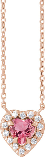 14K Gold Heart Natural Pink Tourmaline & Natural Diamond French-Set Solitaire Necklace - Rose Gold