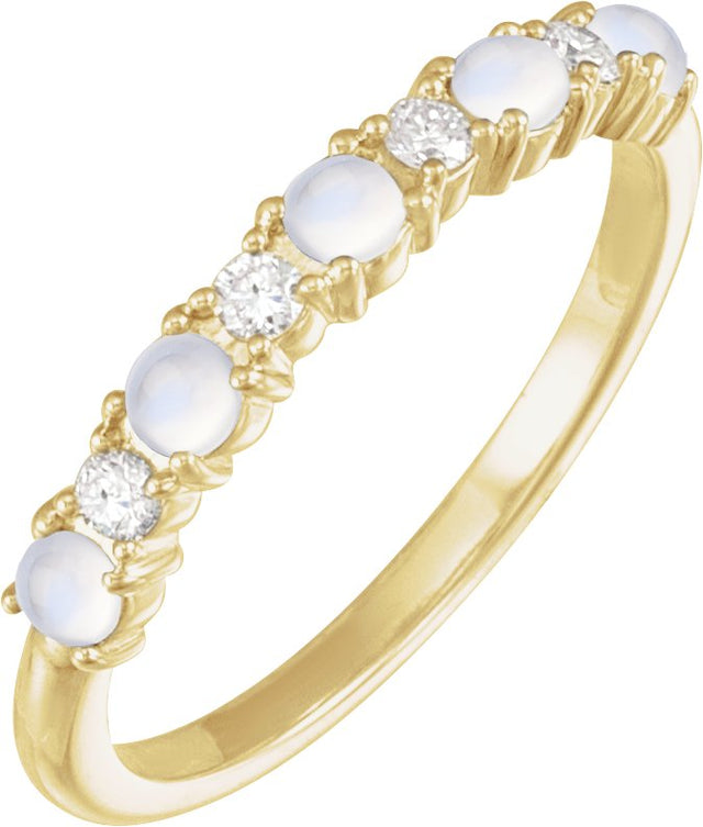 14K Gold Round Natural Rainbow Moonstone & Natural Diamond Accented Cabochon Ring - Yellow Gold