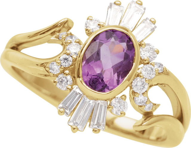 14K Gold Oval Natural Amethyst & Natural Diamond Halo-Style Ring - Yellow Gold - view 4