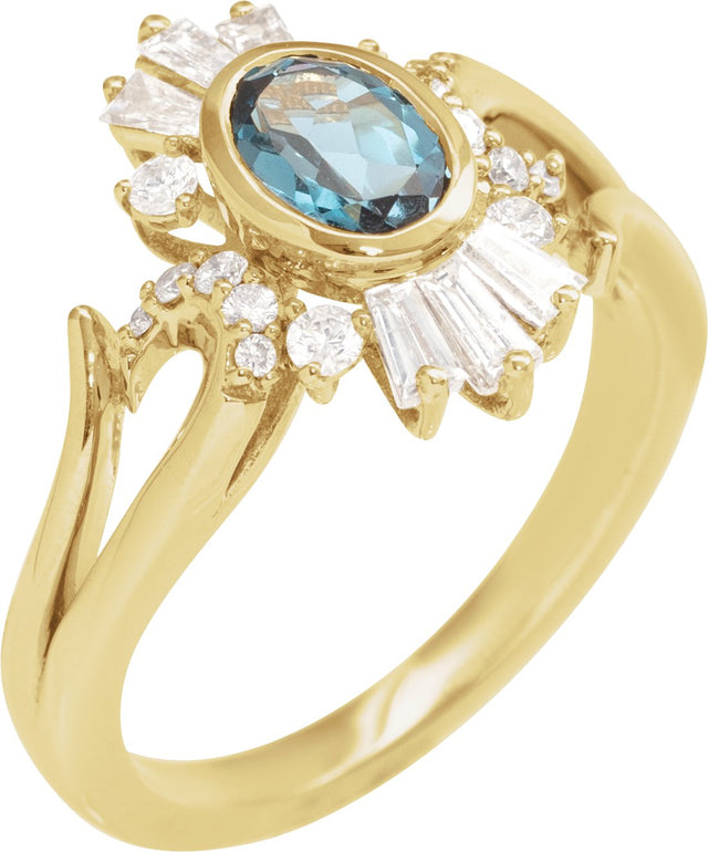 14K Gold Oval Natural London Blue Topaz & Natural Diamond Halo-Style Ring - Yellow Gold