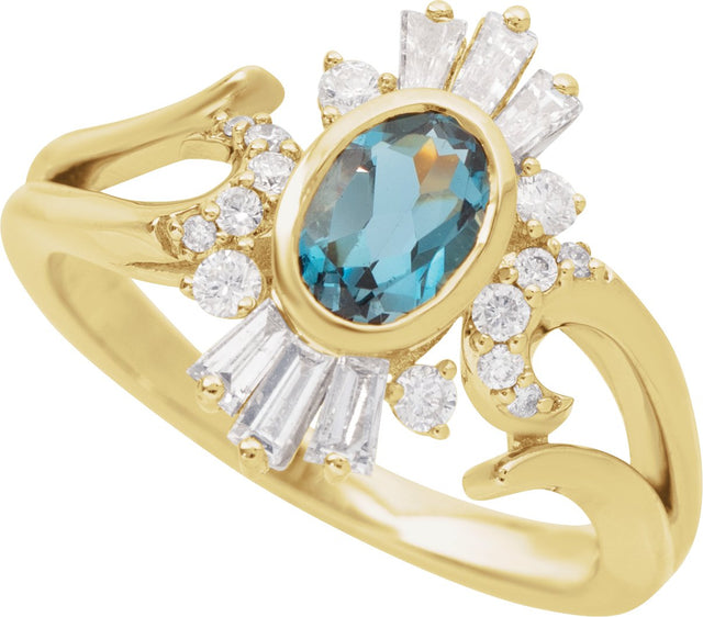 14K Gold Oval Natural London Blue Topaz & Natural Diamond Halo-Style Ring - Yellow Gold - view 4
