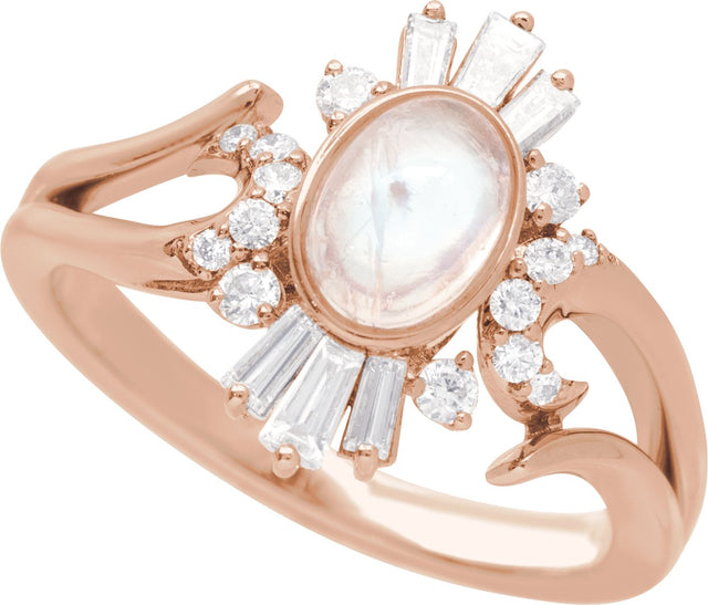 14K Gold Oval Natural Rainbow Moonstone & Natural Diamond Halo-Style Ring - Rose Gold - view 4