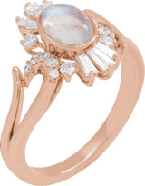 14K Gold Oval Natural Rainbow Moonstone & Natural Diamond Halo-Style Ring - Rose Gold