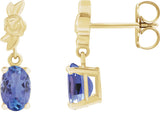 14K Gold Oval Natural Tanzanite Floral Earrings - Yellow Gold