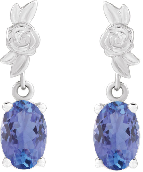 Platinum Oval Natural Tanzanite Floral Earrings - view 2