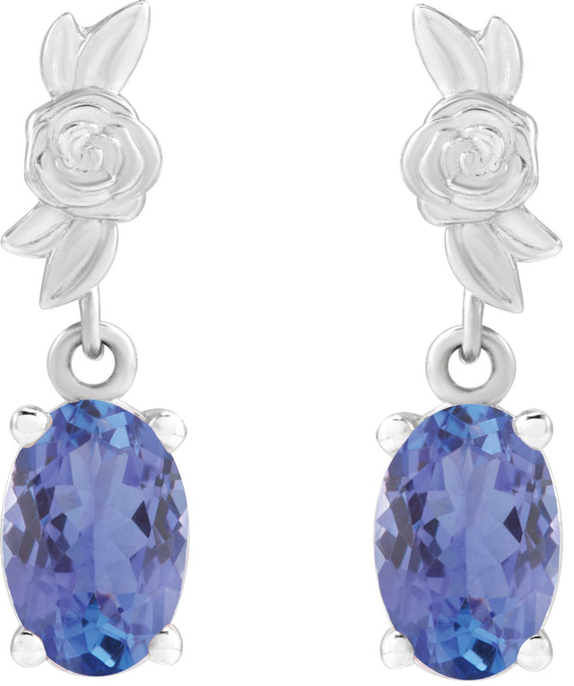 14K Gold Oval Natural Tanzanite Floral Earrings - White Gold - view 2