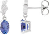 14K Gold Oval Natural Tanzanite Floral Earrings - White Gold