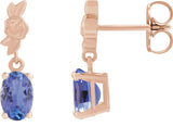 14K Gold Oval Natural Tanzanite Floral Earrings - Rose Gold