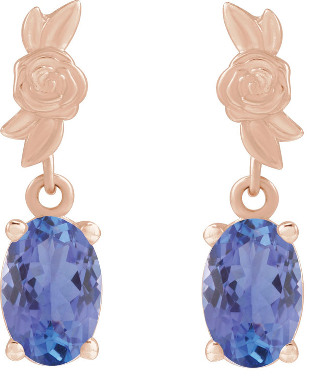 14K Gold Oval Natural Tanzanite Floral Earrings - Rose Gold - view 2