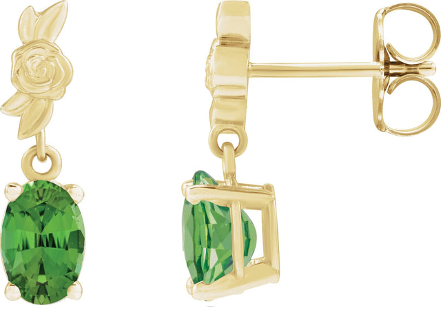 14K Gold Oval Natural Green Tourmaline Floral Earrings - Yellow Gold