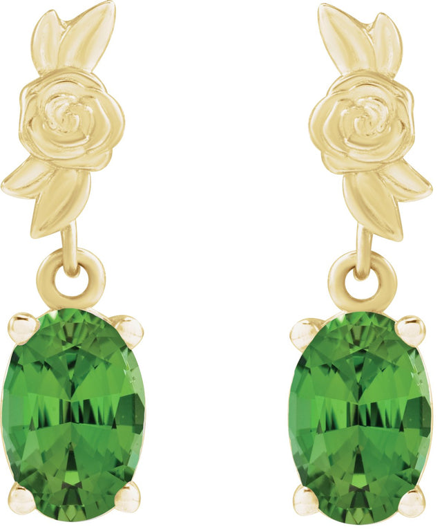 14K Gold Oval Natural Green Tourmaline Floral Earrings - Yellow Gold - view 2