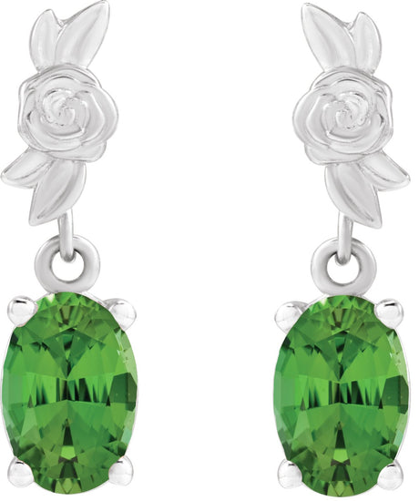 Platinum Oval Natural Green Tourmaline Floral Earrings - view 2