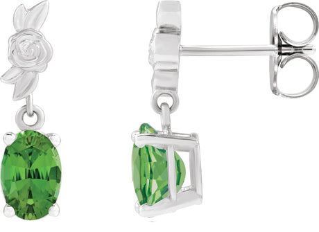 14K Gold Oval Natural Green Tourmaline Floral Earrings - White Gold