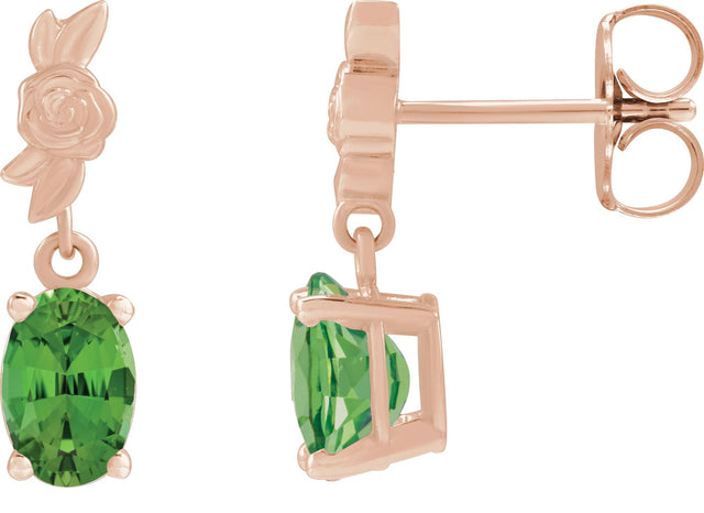 14K Gold Oval Natural Green Tourmaline Floral Earrings - Rose Gold