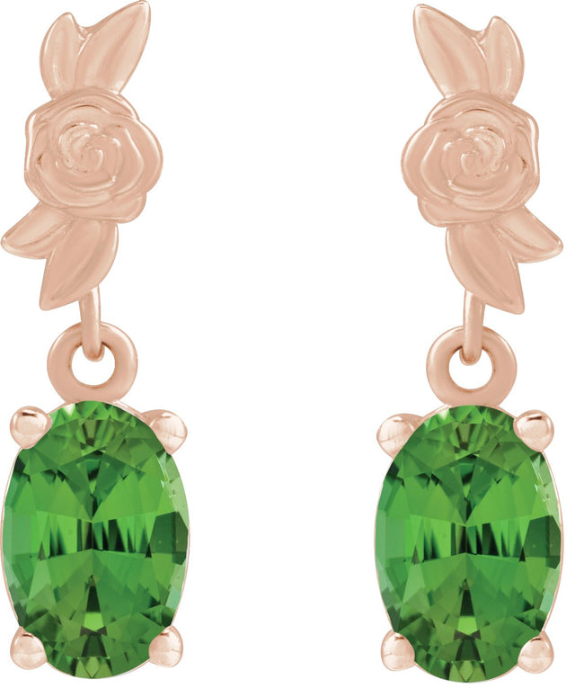14K Gold Oval Natural Green Tourmaline Floral Earrings - Rose Gold - view 2