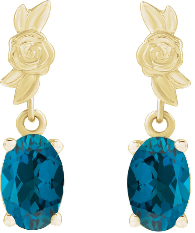14K Gold Oval Natural London Blue Topaz Floral Earrings - Yellow Gold - view 2