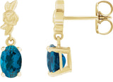 14K Gold Oval Natural London Blue Topaz Floral Earrings - Yellow Gold