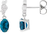 14K Gold Oval Natural London Blue Topaz Floral Earrings - White Gold