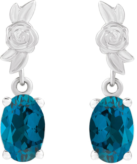 Platinum Oval Natural London Blue Topaz Floral Earrings - view 2