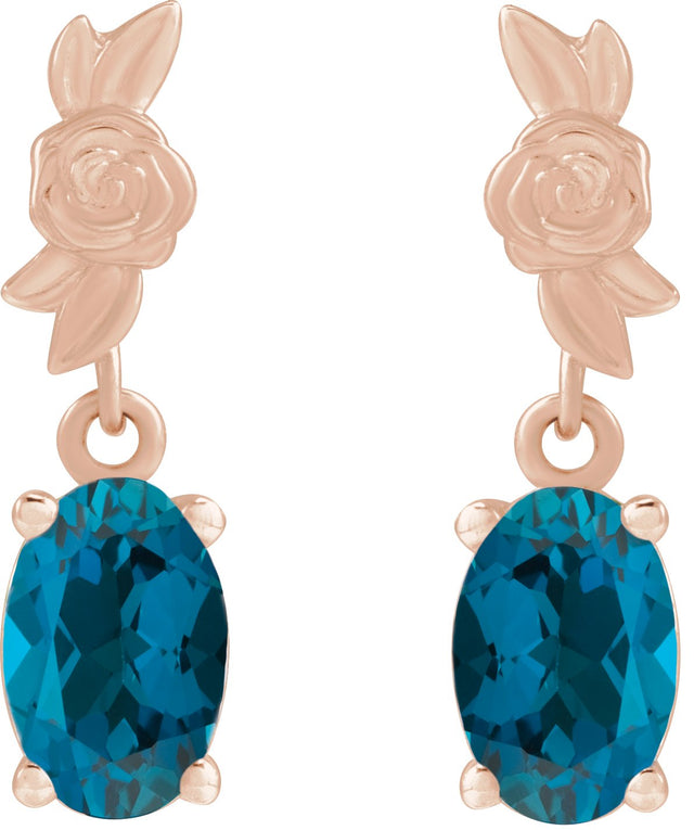 14K Gold Oval Natural London Blue Topaz Floral Earrings - Rose Gold - view 2