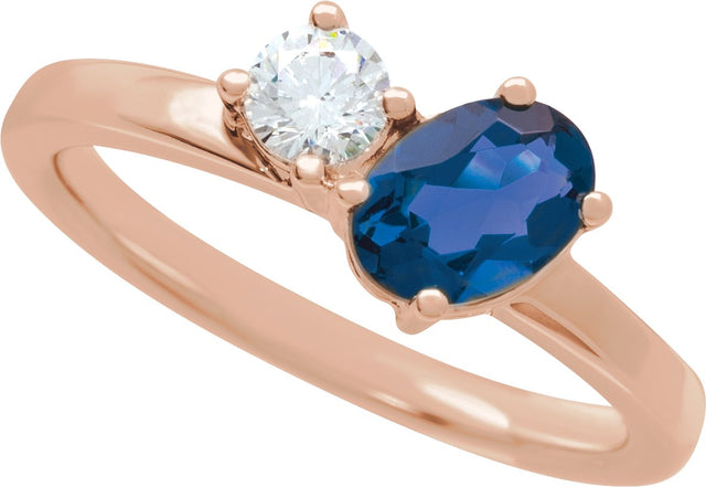 14K Gold Oval Lab-Grown Blue Sapphire & Lab-Grown Diamond Accented Ring - Rose Gold - view 3