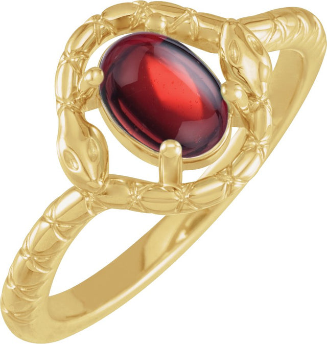 14K Gold Oval Natural Mozambique Garnet Cabochon Snake Ring - Yellow Gold