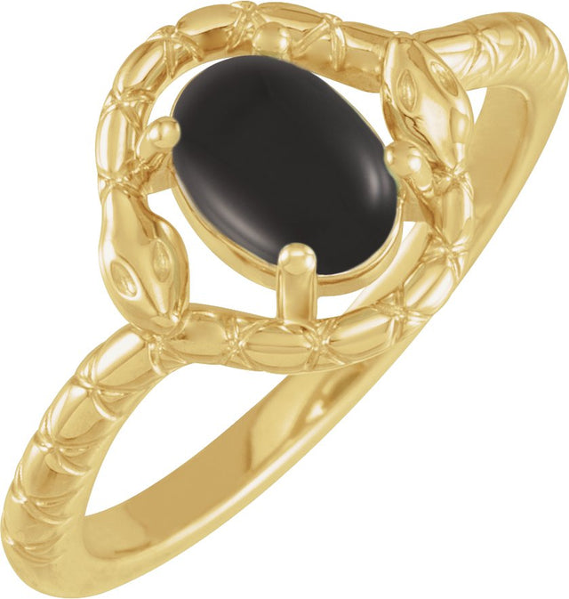14K Gold Oval Natural Black Onyx Cabochon Snake Ring - Yellow Gold