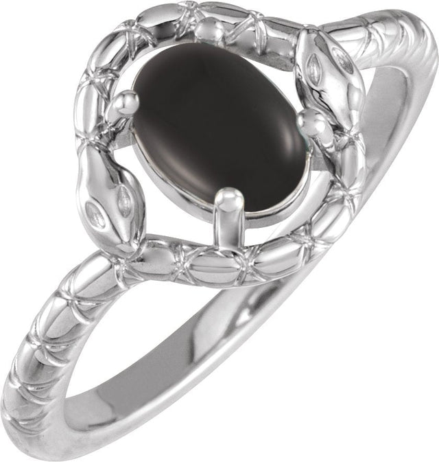 14K Gold Oval Natural Black Onyx Cabochon Snake Ring - White Gold