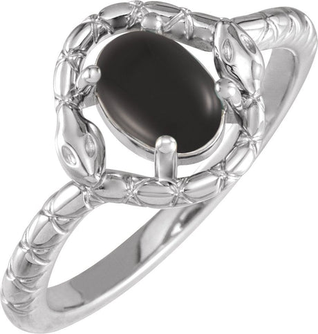 Platinum Oval Natural Black Onyx Cabochon Snake Ring