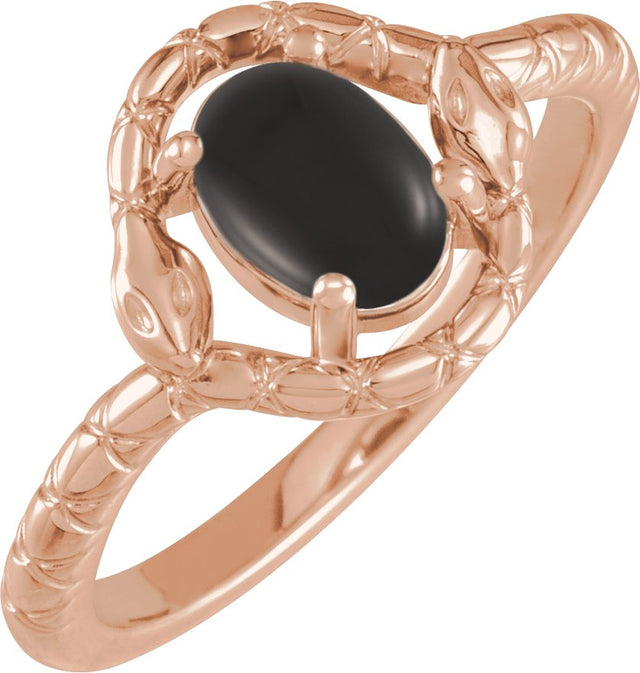 14K Gold Oval Natural Black Onyx Cabochon Snake Ring - Rose Gold