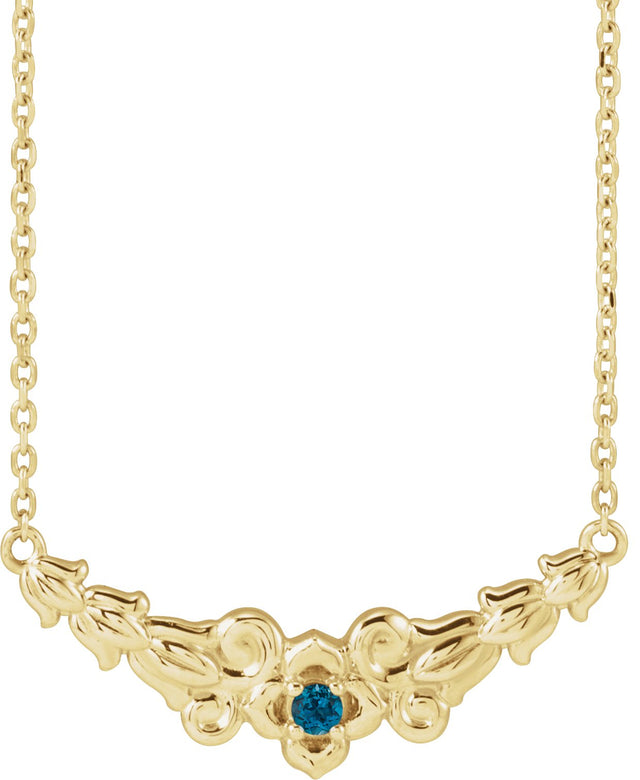 14K Gold Round Natural London Blue Topaz Floral Necklace - Yellow Gold