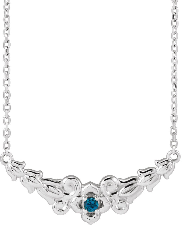 14K Gold Round Natural London Blue Topaz Floral Necklace - White Gold