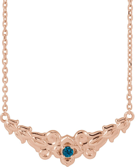 14K Gold Round Natural London Blue Topaz Floral Necklace - Rose Gold