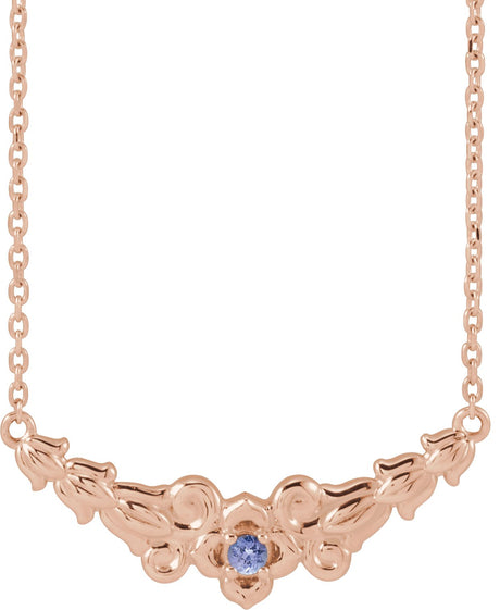 14K Gold Round Natural Tanzanite Floral Necklace - Rose Gold