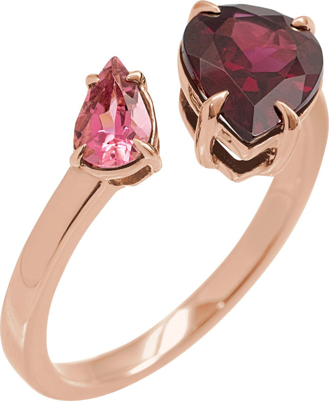 14K Gold Pear Natural Rhodolite Garnet & Natural Pink Tourmaline Negative Space Ring - Rose Gold